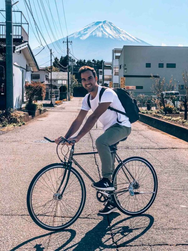 Mik on a bike in front of Mt. Fuji