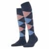 BURLINGTON knästrumpor Marylebone Dark Blue, mörkblåa damstrumpor i virgin-ull med blå-rosa Argyle mönster