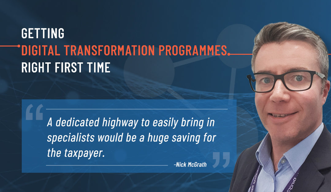 Depicts a photo of Nick McGrath with a Digital Transformation background (Execution)