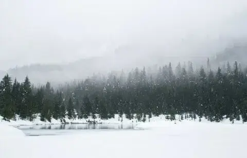 Ein Gebirge Aussicht im Winter mit Schnee, Bäumen und gefrorenem See.