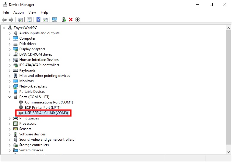 Device manager showing USB-Serial CH340 driver and COM port