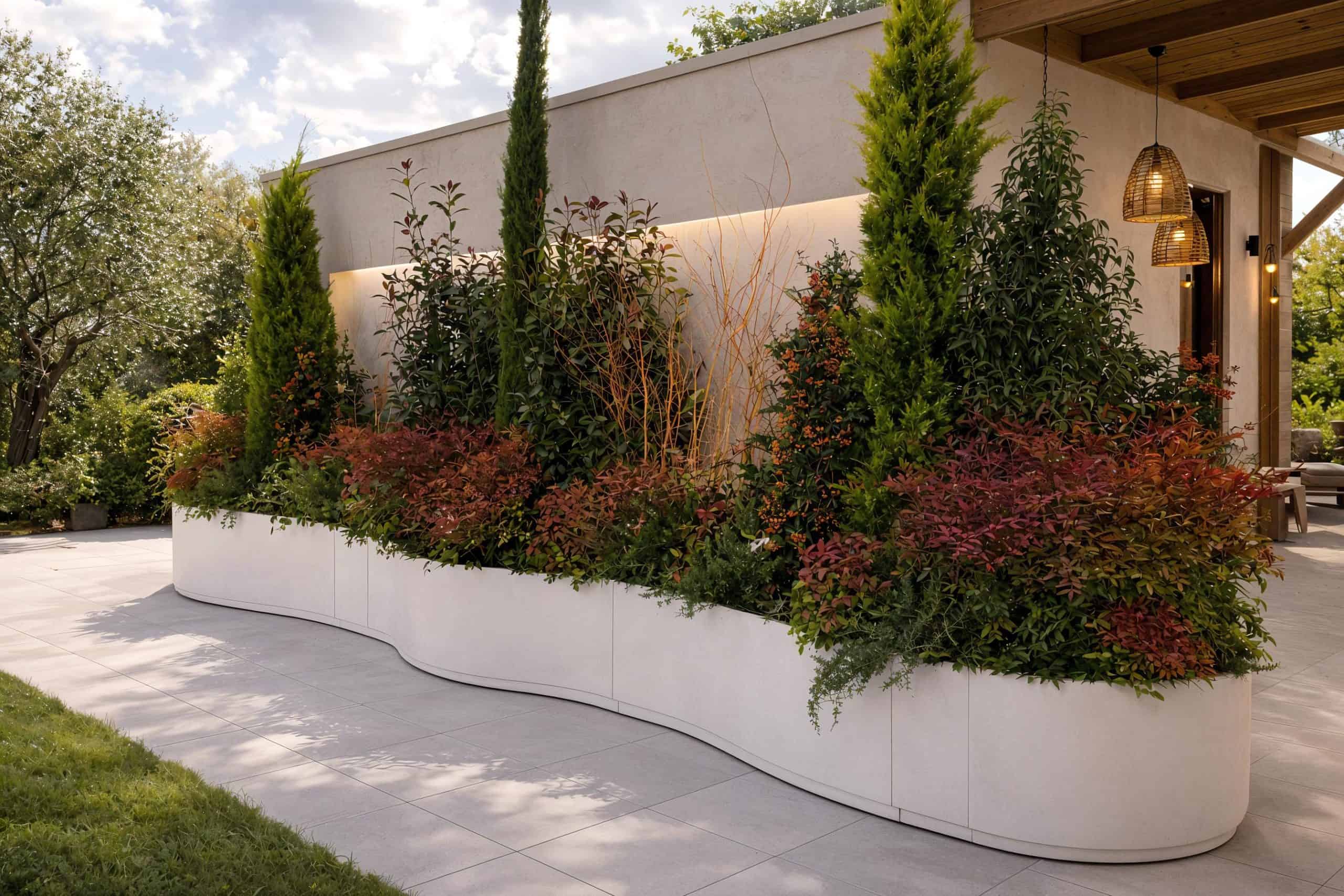 Plantenbak met golvende vormen tegen muur of tuinwand
