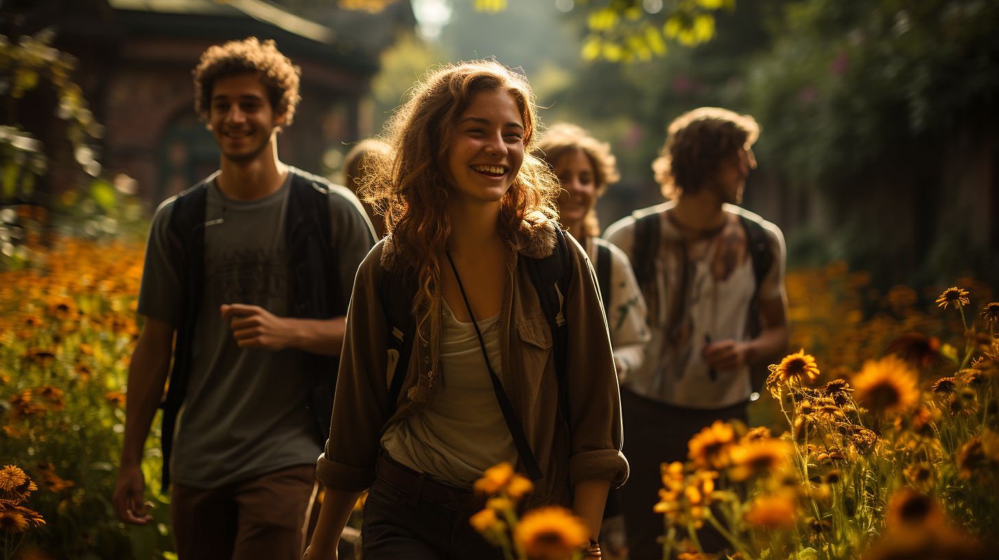 Students happily wandering through the Miskatonic Arboretum