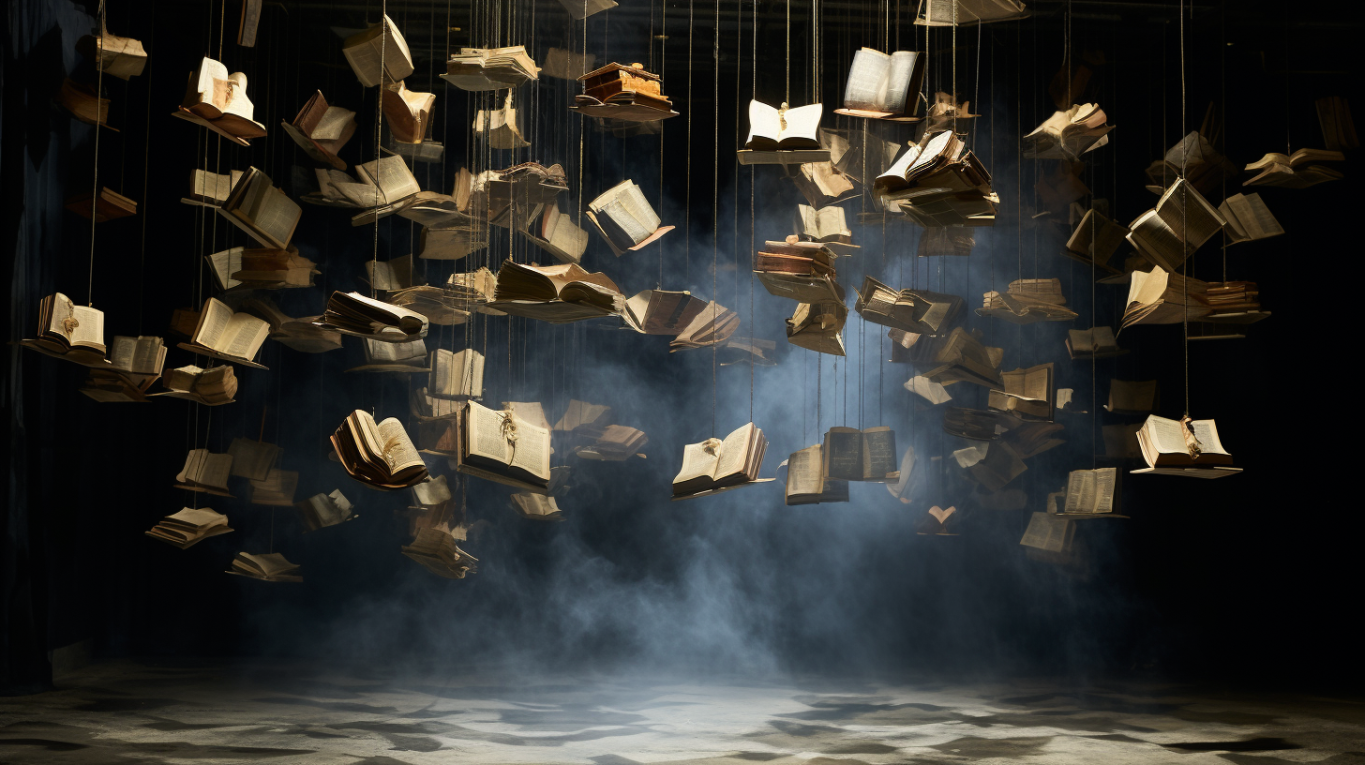 Suspended tomes, illuminated by light