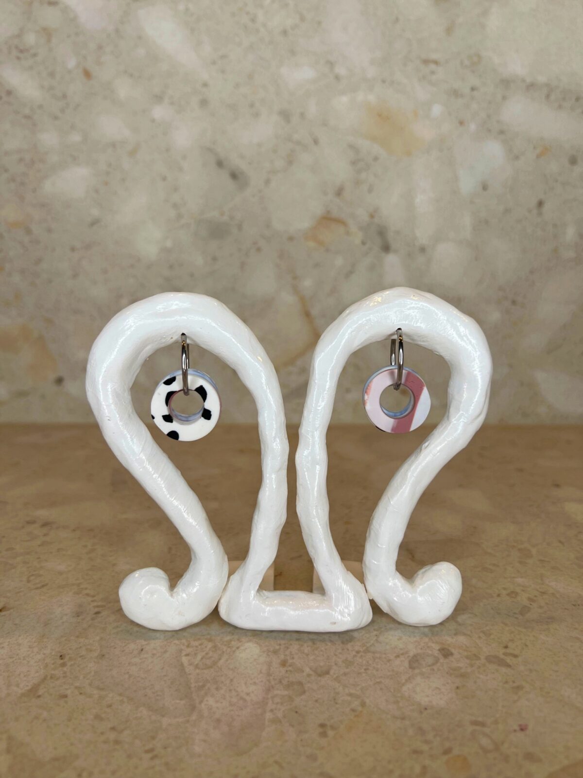 Handmade large silver hoop earrings with polymer clay charms