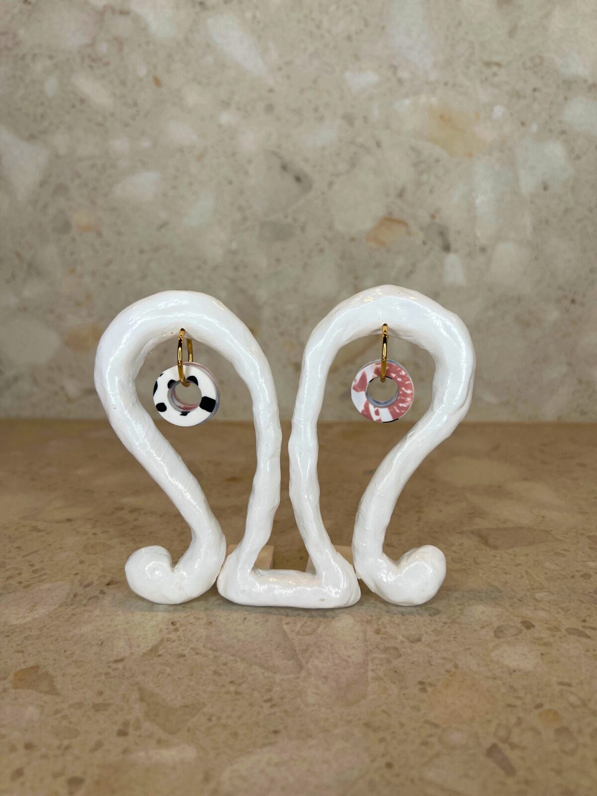 Handmade large gold hoop earrings with polymer clay charms