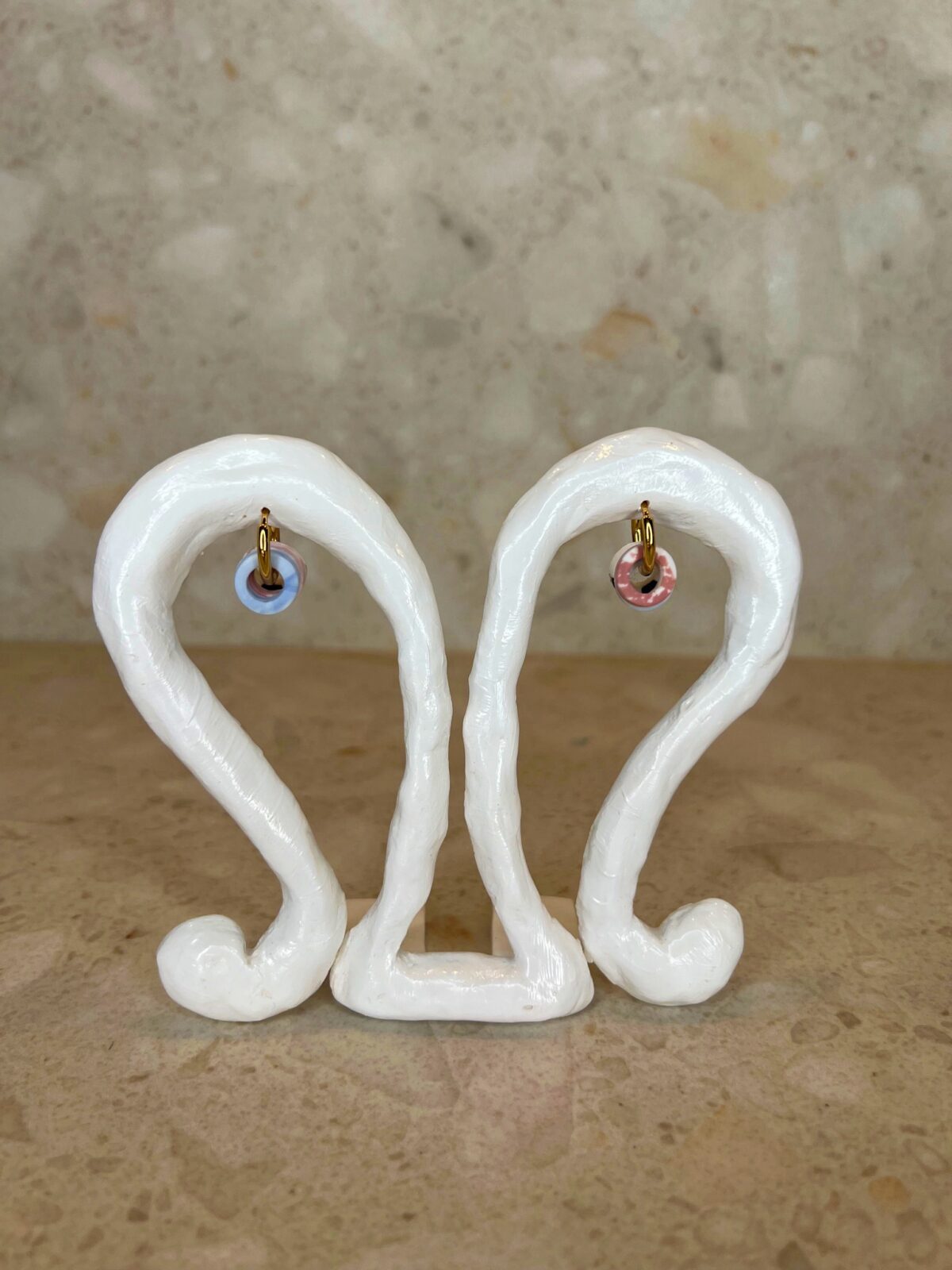 Handmade small gold hoop earrings with polymer clay charms