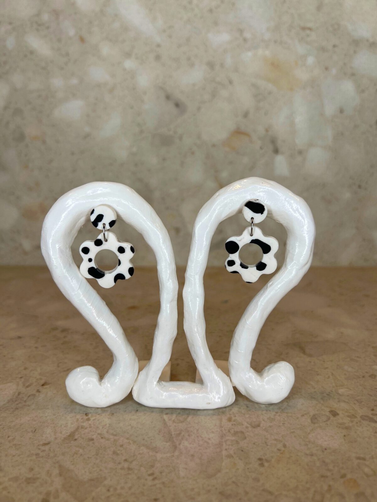 Handmade polymer clay ear studs flower charm in black and white