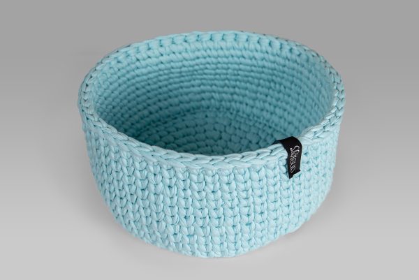 Baby blue hand crocheted basket by Mitsuo