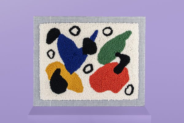 Abstract fiber art wall hanging with white, black, red, green, blue and yellow by Mitsuo