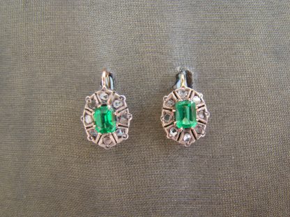 14 kt gouden met zilver antieke oorbellen groene steen roosdiamanten - bij mittens.nl