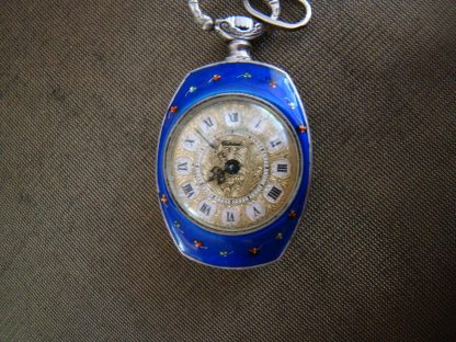 antiek zilveren dames hanghorloge blauw emaille kast met goudkleurige wijzerplaat - Afbeelding 9