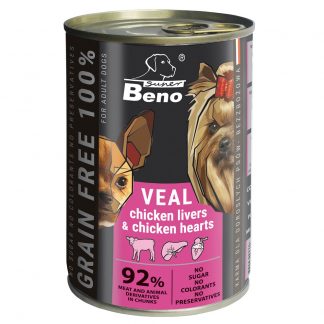 Super Beno Dog Grain Free Chunks with Veal, Chiken Livers and Hearts in Sauce 415g - 92% kött