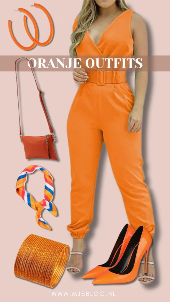 oranje outfit koningsdag oranje mouwloze overall oranje tas oranje pumps oranje armband oranje oorbellen oranje sjaaltje oranje handtas