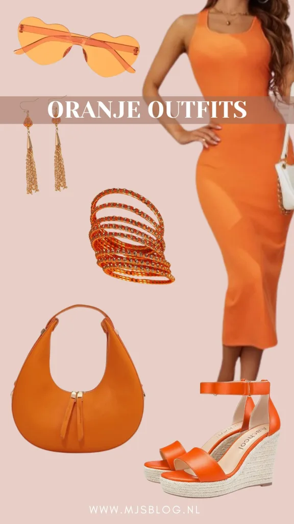 oranje outfits koningsdag oranje lange jurk oranje hartjes zonnebril oranje gouden oorbellen oranje armbanden oranje handtas oranje sleehakken