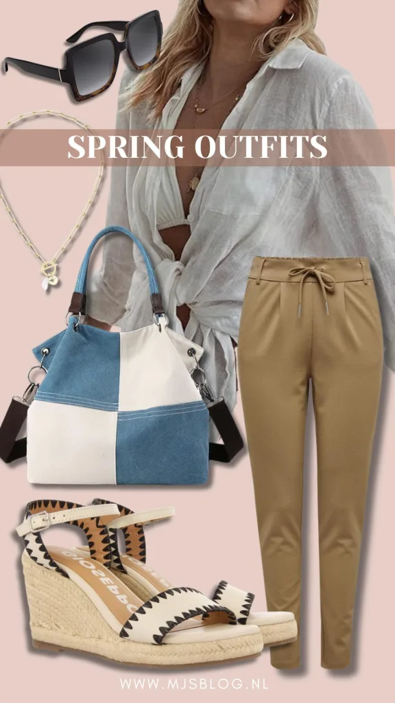 Lente outfits caramel broek met strik witte blouse blauw wit geblokte handtas rieten sleehak open teen gouden ketting zwarte zonnebril