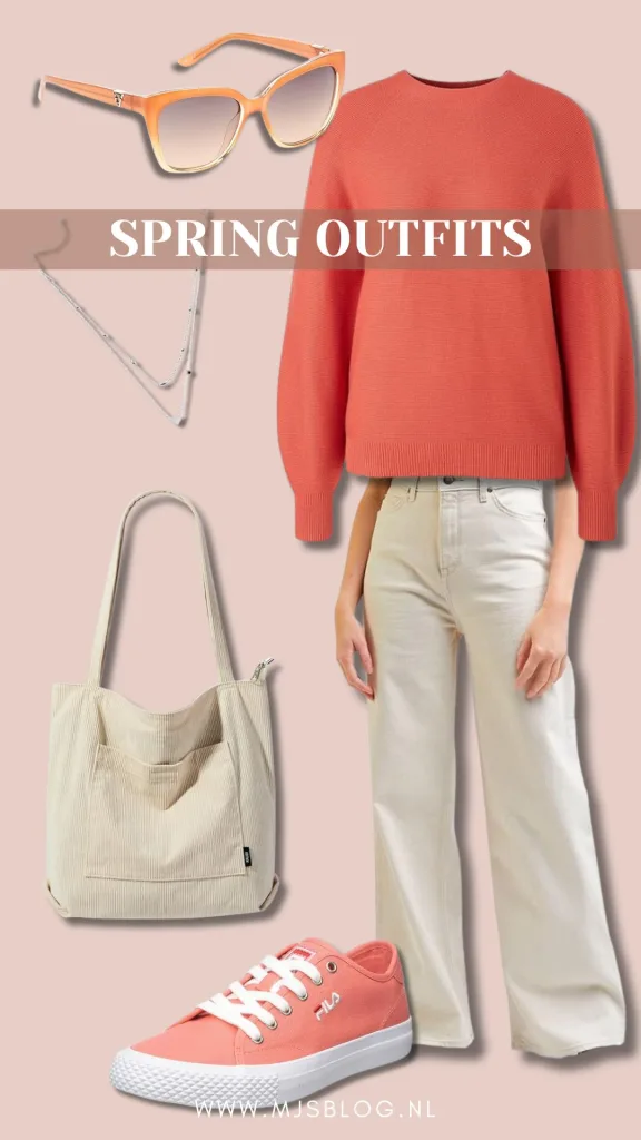 Lente outfits oranje sweater beige jeans oranje sneakers beige corduroy schoudertas zilveren ketting met stras oranje zonnebril