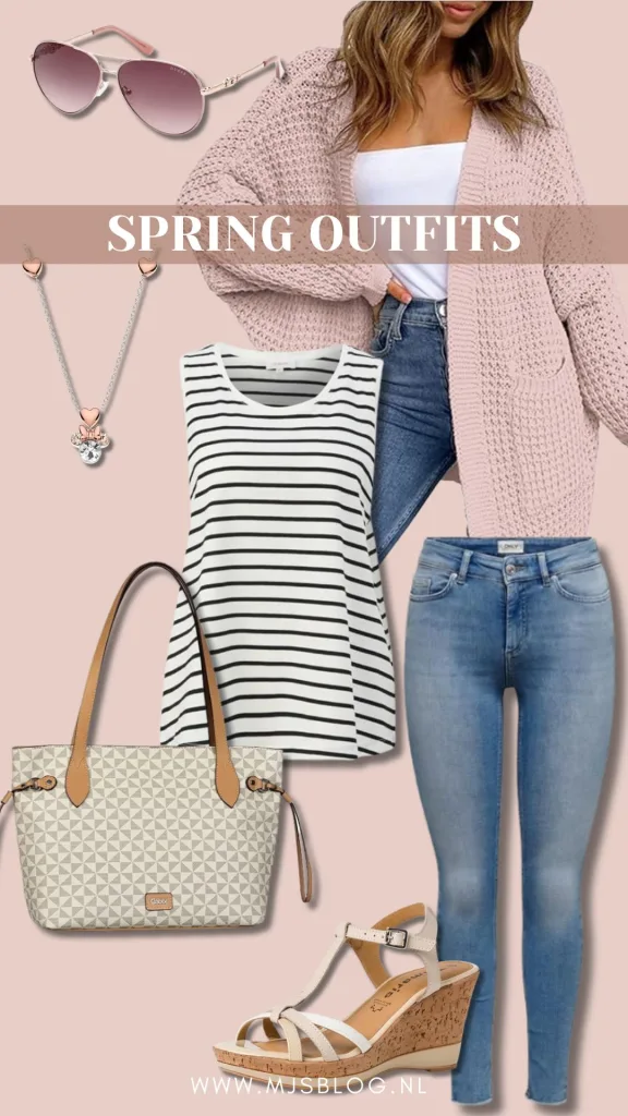 Lente outfits skinny jeans zwart-wit gestreepte top roze gebreide vest minimouse ketting sleehak roze zonnebril trendy grote schoudertas