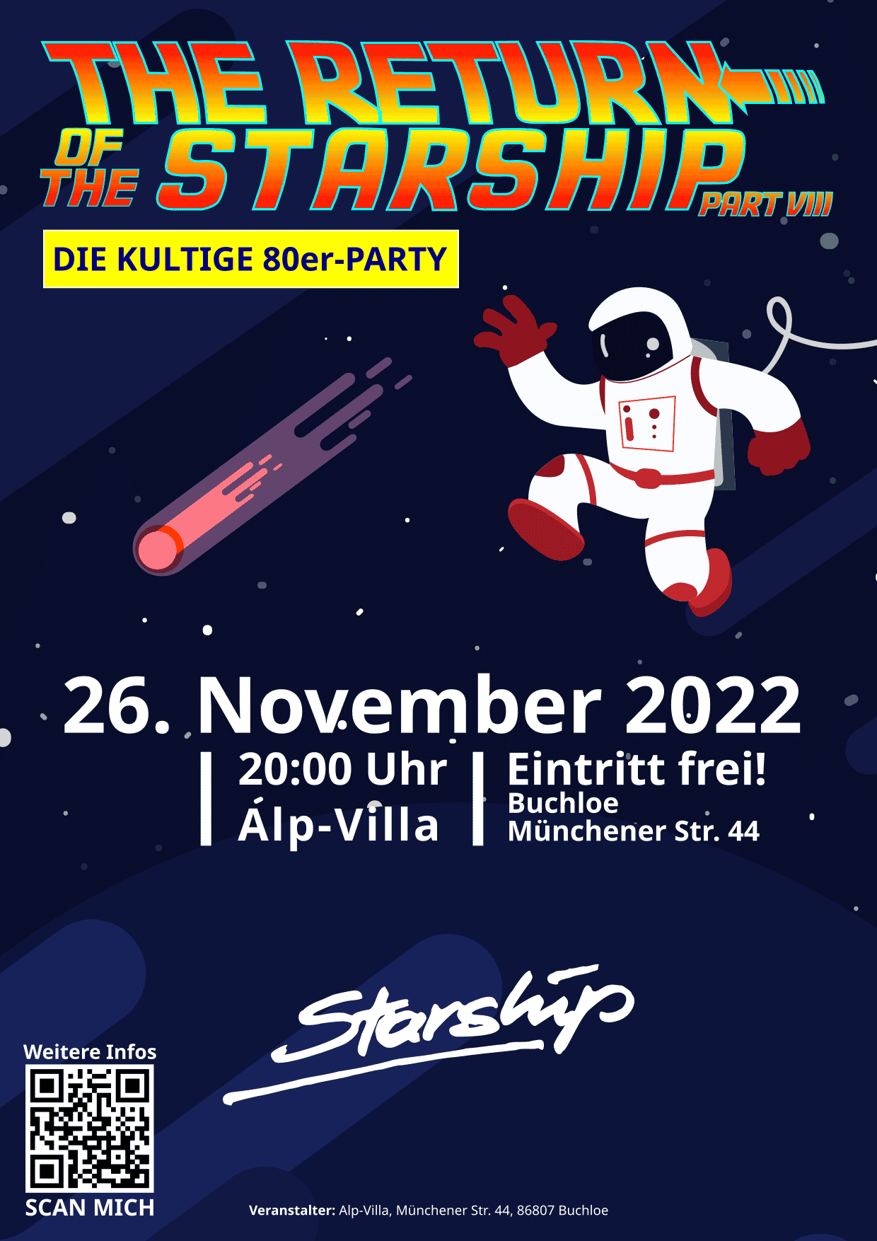 Veranstaltungshinweis auf die 80er-Party "The Return of the Starship" am Samstag, 26. November 2022 in der Alp-Villa in Buchloe
