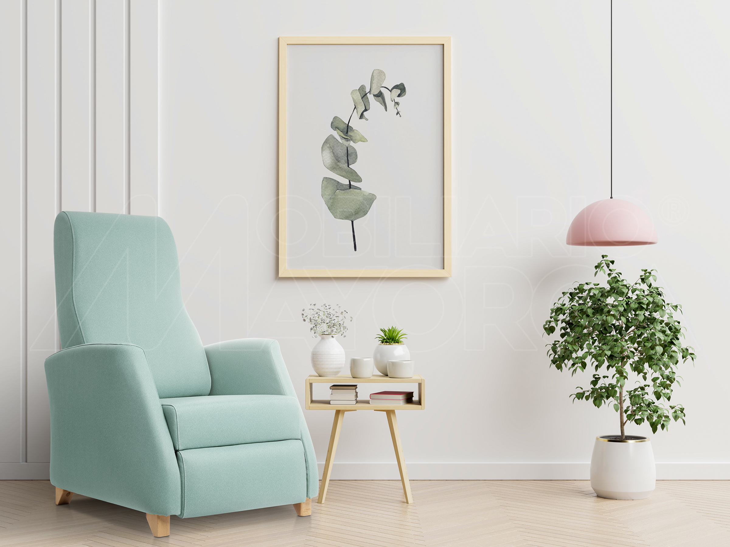 Poster mockup with vertical frames on empty white wall in living room interior with blue velvet armchair.3D rendering
