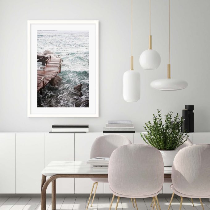 Poster print with amazing landscapes of coastal waves against the wooden pier.