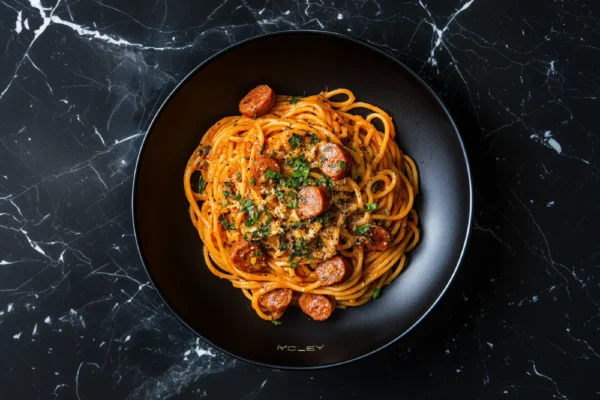 Kimchi, Smoked Sausage & Bell Pepper Pasta