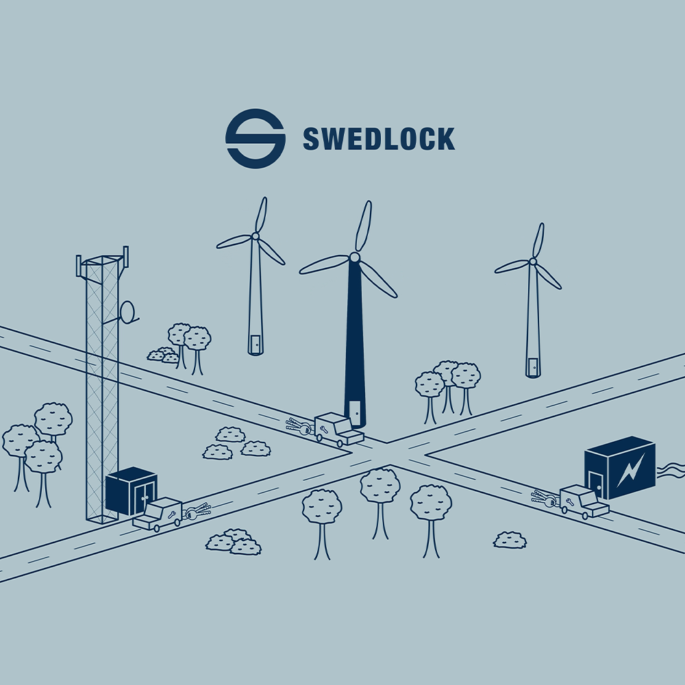 Tecknad stad med fokus på infrastruktur med Swedlocks logga ovanför