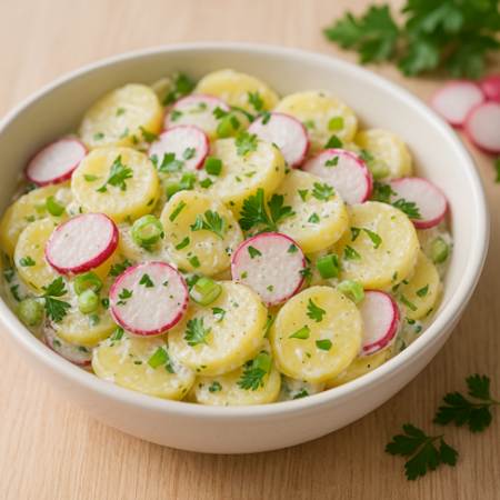 Kartoffelsalat mit Joghurt-Dressing, Radieschenscheiben, Frühlingszwiebeln und Petersilie in weißer Schüssel.