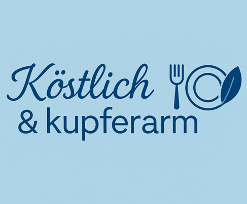Geschrieben köstlich und kupferarm mit der Illustration eines Tellers und Gabel sowie ein Blatt