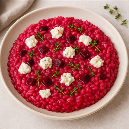 Rote-Bete-Risotto mit kleinen weißen Frischkäse-Tupfen, Rote-Bete-Würfeln und Thymianzweigen auf hellem Teller.