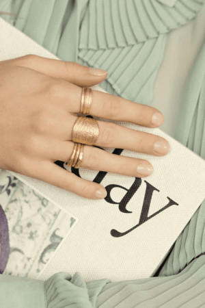 woman wearing the Cleo Ring by the brand Agapé Studio