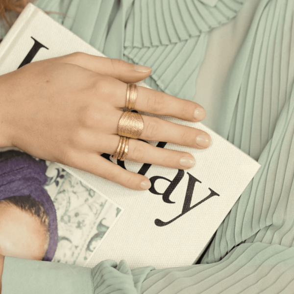 woman wearing the Cleo Ring by the brand Agapé Studio