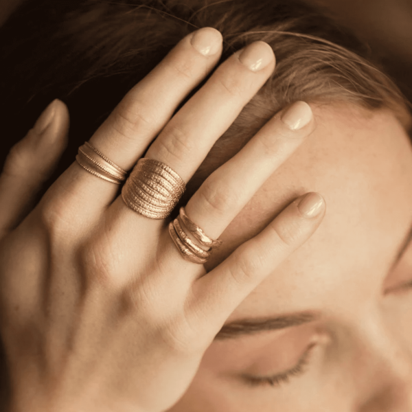 woman wearing the Cleo Ring by the brand Agapé Studio