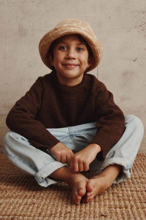 the Bruno Jumper in Chocolate paired with the Franklin Denim & Joan Check Hat by the brand Alfred