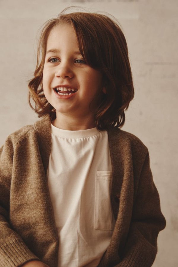 the Dorothy Cardigan in Khaki paired with the Walter Tee by the brand Alfred