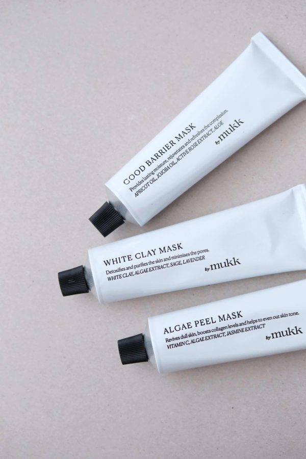 three variations of masks by By Mukk: Good Barrier Mask, White Clay Mask and Algae Peel Mask