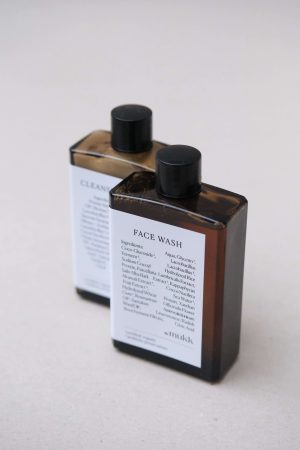 front view of the Face Wash and Cleansing Milk of By Mukk, showing the aesthetically pleasing product design with the ingredients listed on the front of the product