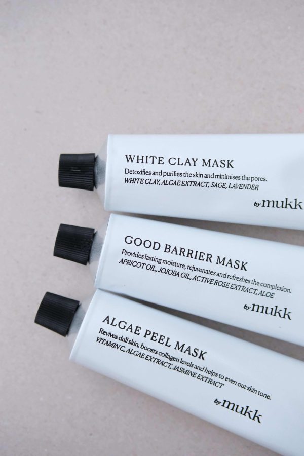 the three variations of masks of By Mukk: Good Barrier Mask, White Clay Mask and Algae Peel Mask