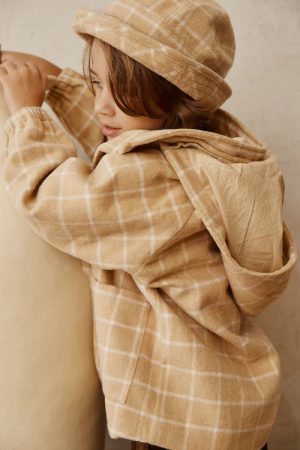 the Joan Check Jacket & the Bucket Hat in Beige by the sustainable brand Alfred, curated by Morsel Store