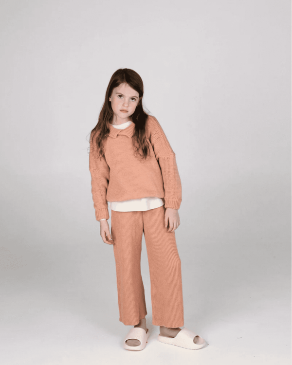 the collared knit & matching Wide knit pants in coral by the brand Summer and Storm