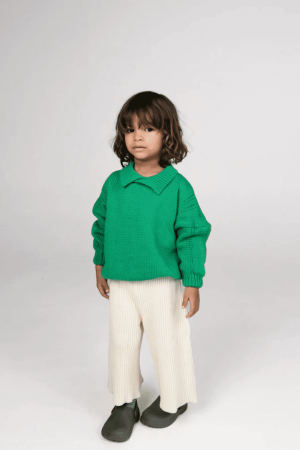 the collared knit in emerald paired with the Wide Knit Pants in Ivory by the brand Summer and Storm