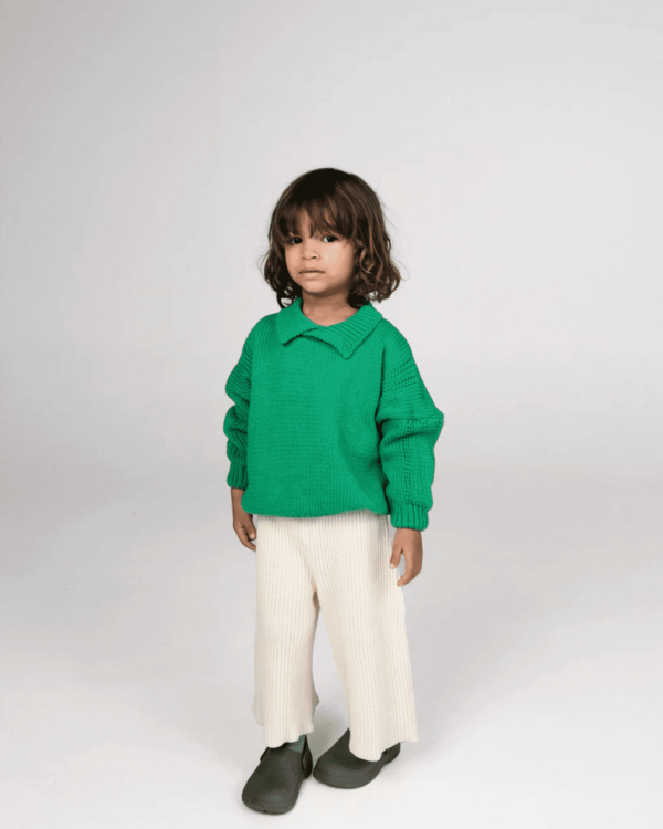 the collared knit in emerald paired with the Wide Knit Pants in Ivory by the brand Summer and Storm