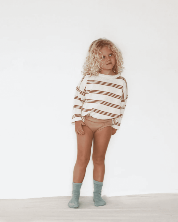 the Knitted Pullover in Caramel Stripe by the brand Summer and Storm