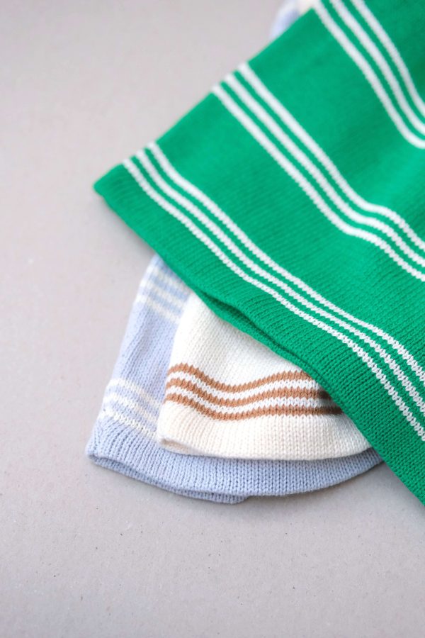 the Knitted Pullover in Emerald Stripe, Caramel Stripe & Powder Blue by the brand Summer and Storm