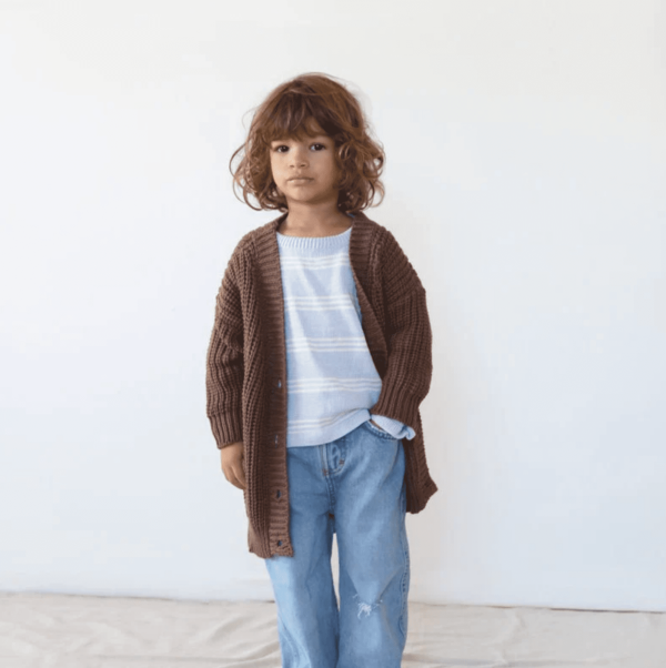 the Knitted Pullover in Powder Blue paired with the oversized cardigan in coco by the brand Summer and Storm