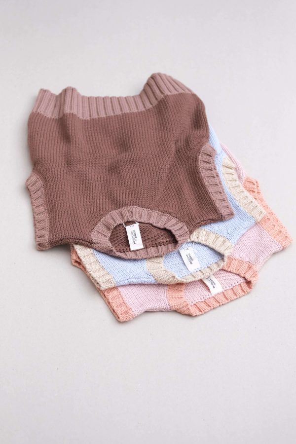 the Knitted Vest in Coco with Brownie Trim, Powder Blue & Dusty Rose by the brand Summer and Storm