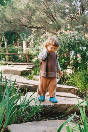 the Knitted Vest in Coco with Brownie Trim by the brand Summer and Storm