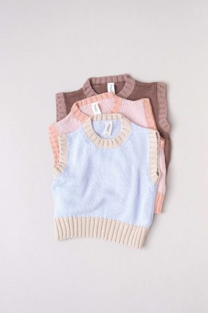 the Knitted Vest in Powder Blue with Natural Trim, Dusty Rose & Coco by the brand Summer and Storm
