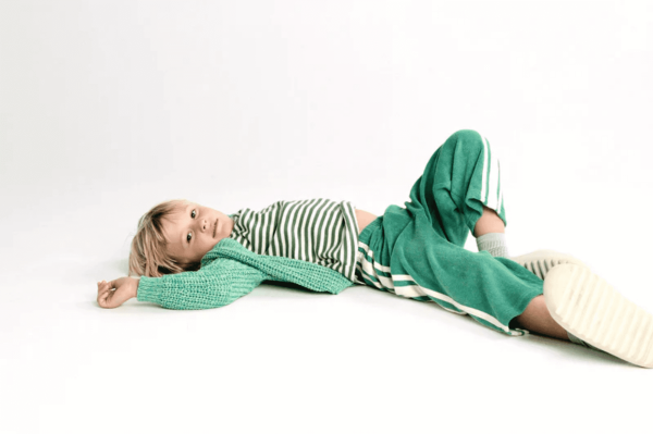 the oversized cardigan in Green Sprinkle paired with the Terry Wide Leg Pants in Green by the brand Summer and Storm