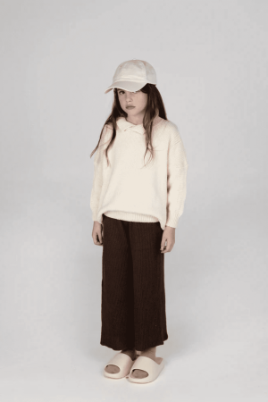 the wide knit pants in coco paired with the collared knit in ivory by the brand Summer and Storm